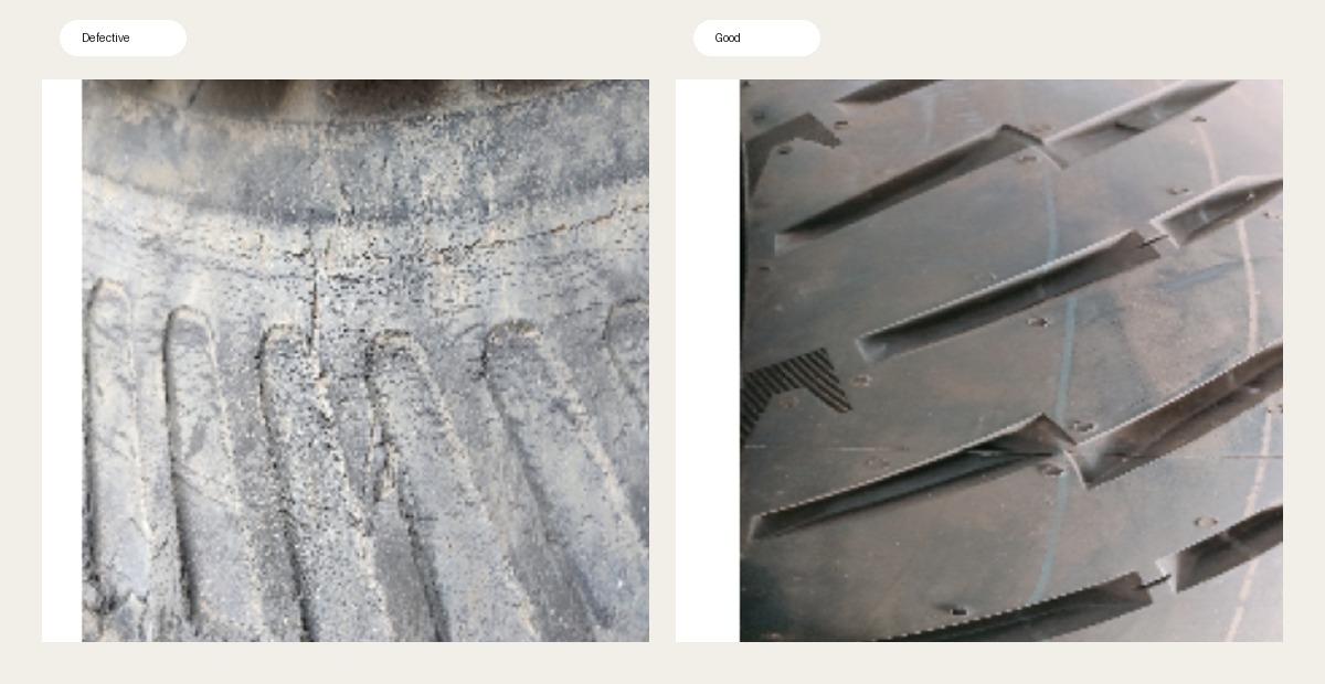Side-by-side examples of a defective tyre and a good tyre from the project dataset